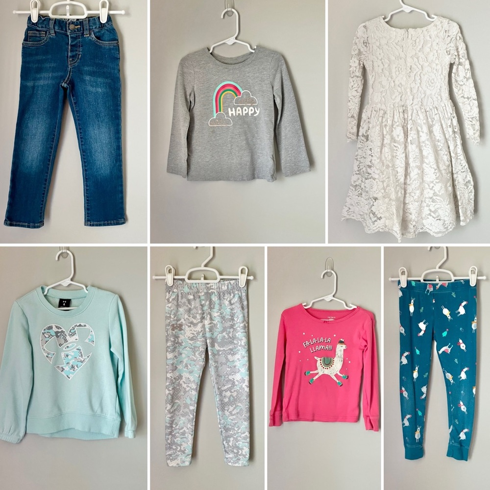 7-piece bundle of 4T girls cool weather clothes - pants, sweatshirts, dresses